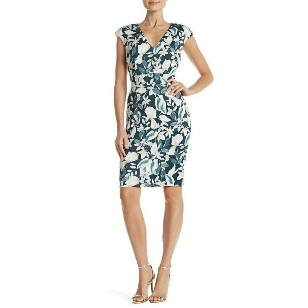 Alexia Admor Womens Green Floral Printed V-Neck Sheath Dress Size M $179